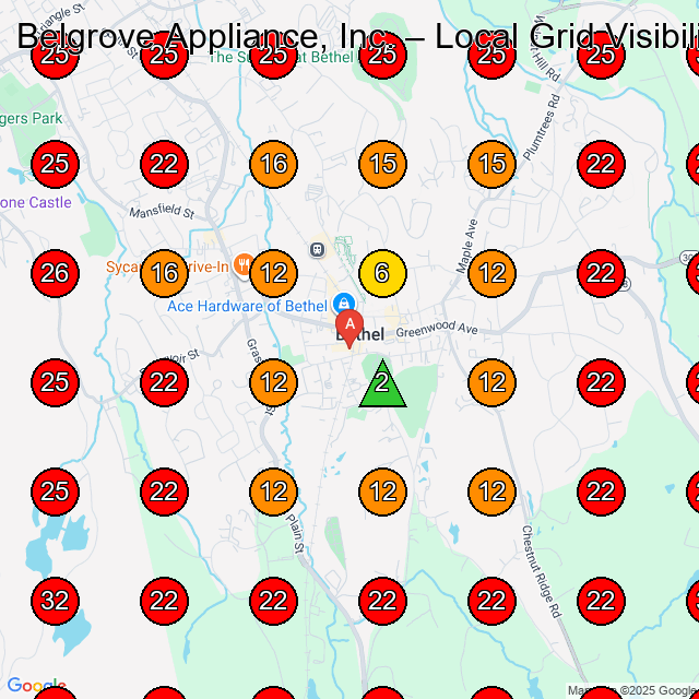 Belgrove Appliance, Inc. GeoGrid visibility map for Appliance Repair Service in New Fairfield